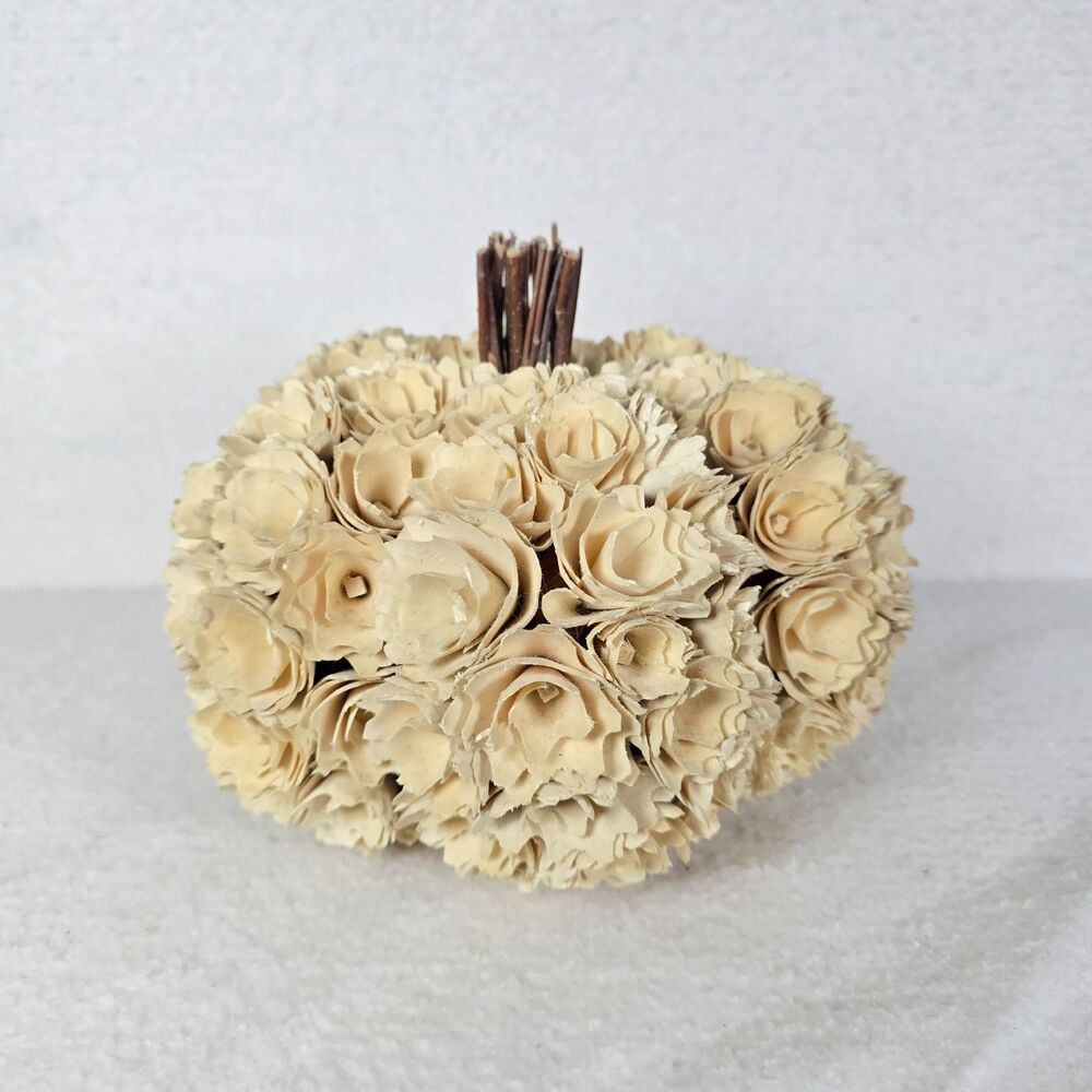 Cream Shaved Wood Pumpkin Fall Halloween Decor Harvest Time 10"